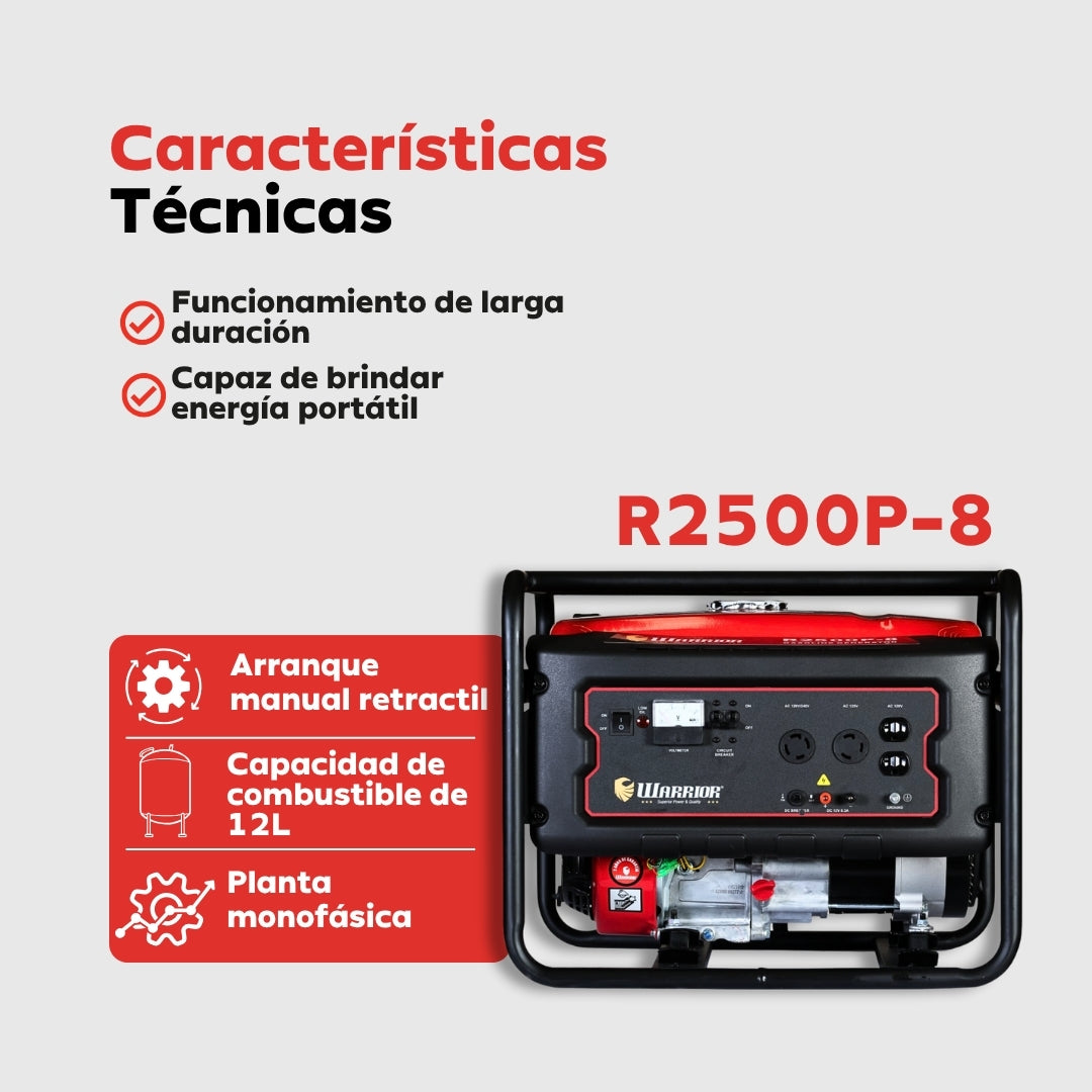 Planta Eléctrica Gasolina Warrior R2500P-8 – 2,2 kW Nominal / 2,5 kW Pico | 120/240 V