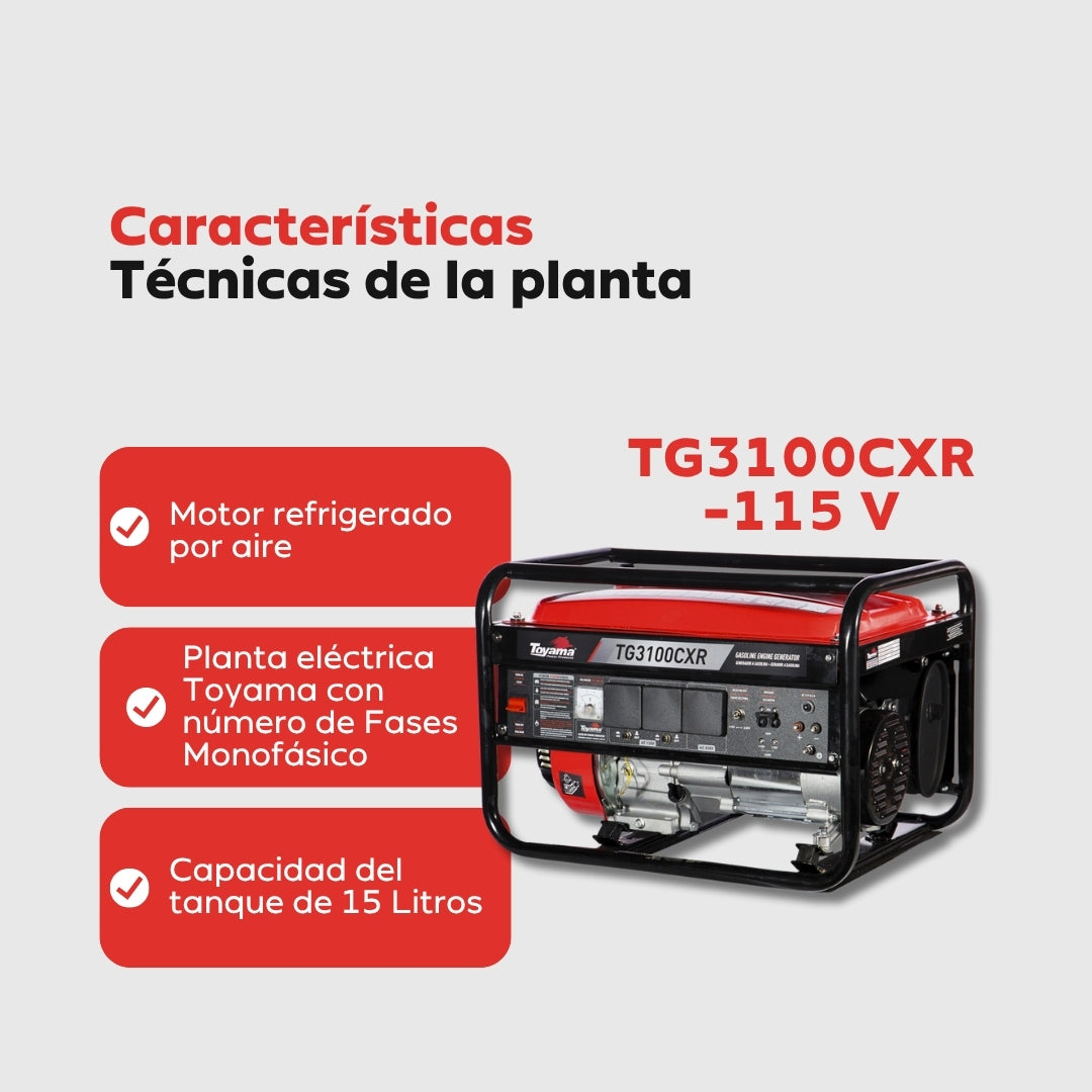 Planta Eléctrica Gasolina Toyama TG3100CXR – 2,8 kW / 110-220 V con AVR