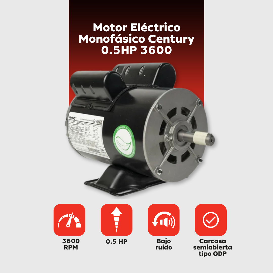 Motor Eléctrico Monofásico CENTURY 0.5 HP 3600 RPM Carcasa Semiabierta (ODP)