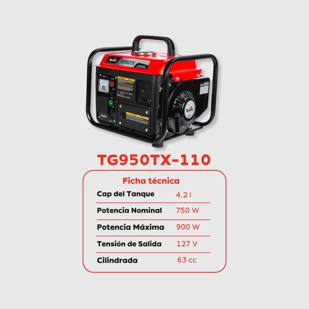 Planta Eléctrica Gasolina Toyama TG950TX - 0,9 kVA (≈ 900W) - Monofásica 110-127V