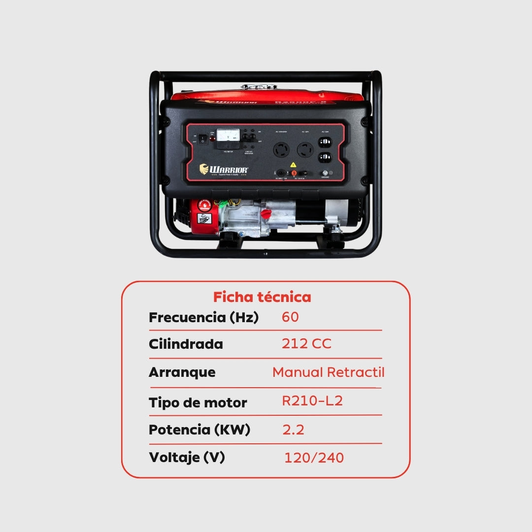 Planta Eléctrica Gasolina Warrior R2500P-8 – 2,2 kW Nominal / 2,5 kW Pico | 120/240 V