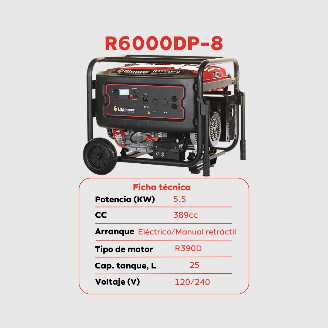 Planta Eléctrica Gasolina Warrior R6000DP-8 – 6 kW Máxima / 5,5 kW Nominal | 120-240 V Monofásica