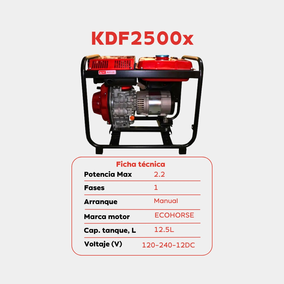 Planta Eléctrica Diesel Ecohorse KDF2500X 2,2 kW / 4,2 HP – Generador Monofásico 110/220 V