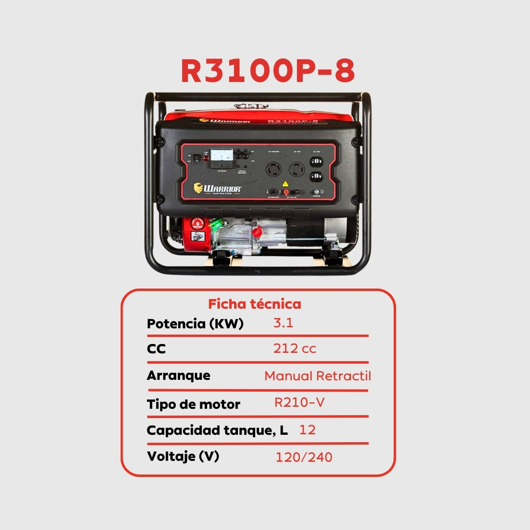 Planta Eléctrica Gasolina Warrior R3100P-8 – 3,1 kW (3.100W) / 110-240 V Monofásica