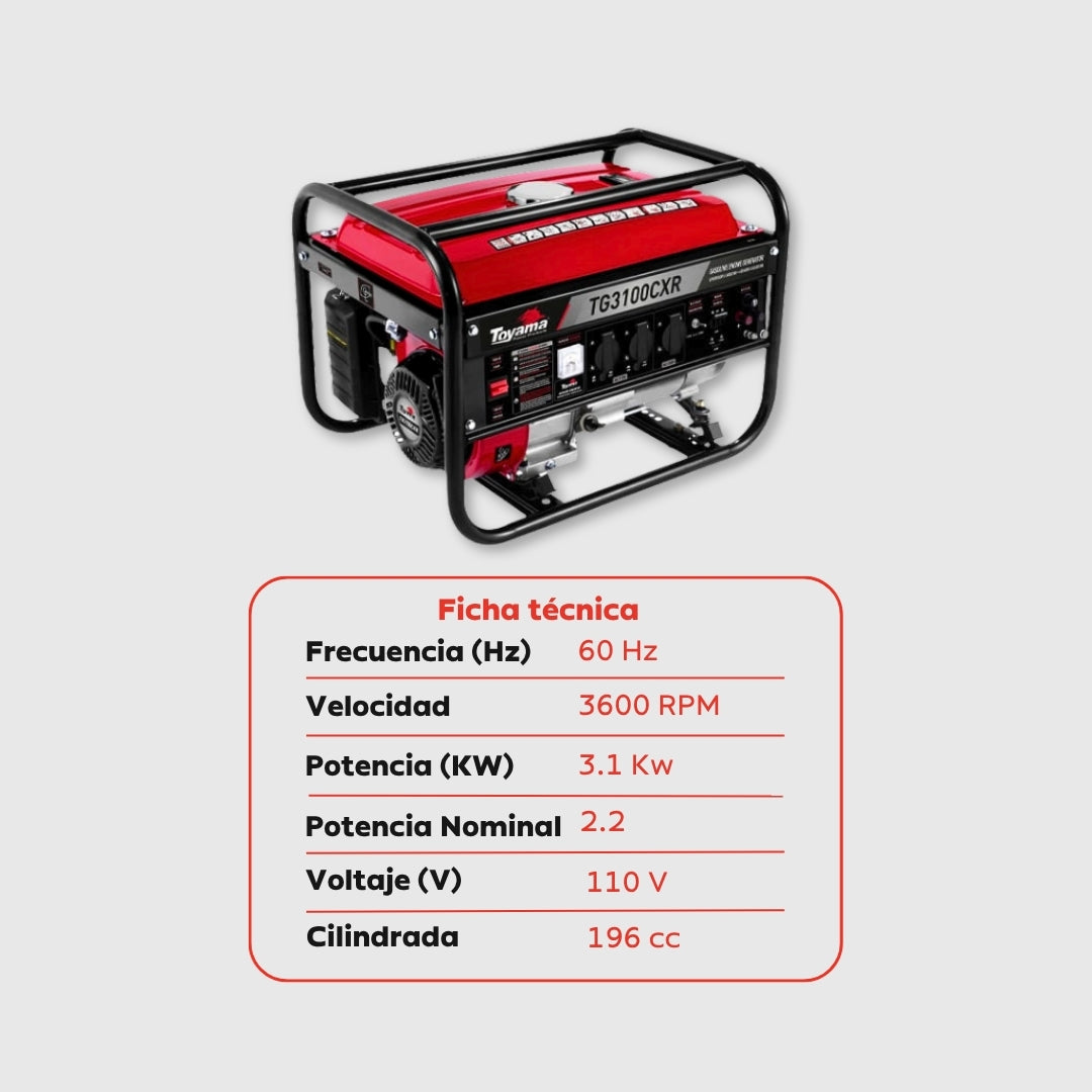 Planta Eléctrica Gasolina Toyama TG3100CXR – 2,8 kW / 110-220 V con AVR