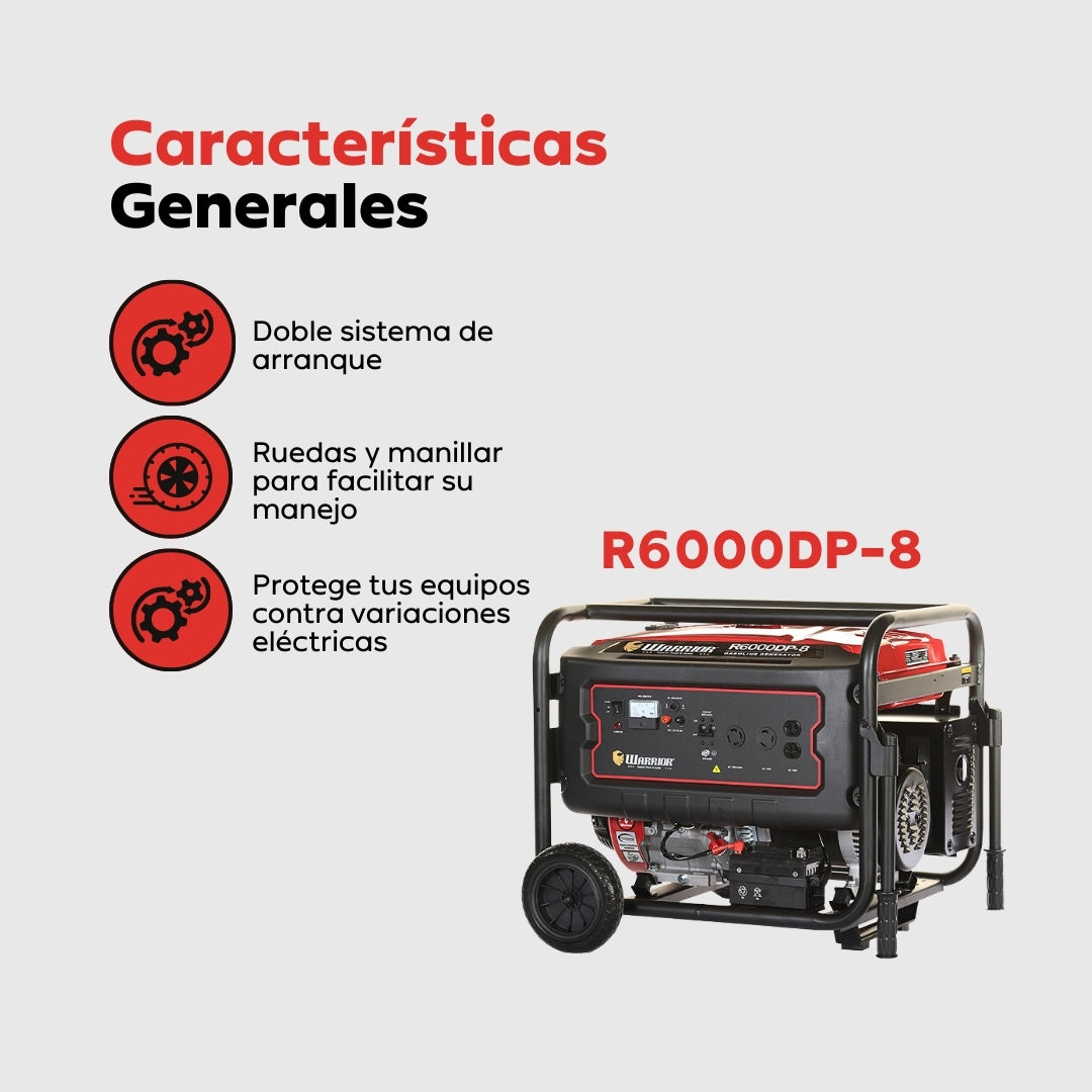 Planta Eléctrica Gasolina Warrior R6000DP-8 – 6 kW Máxima / 5,5 kW Nominal | 120-240 V Monofásica