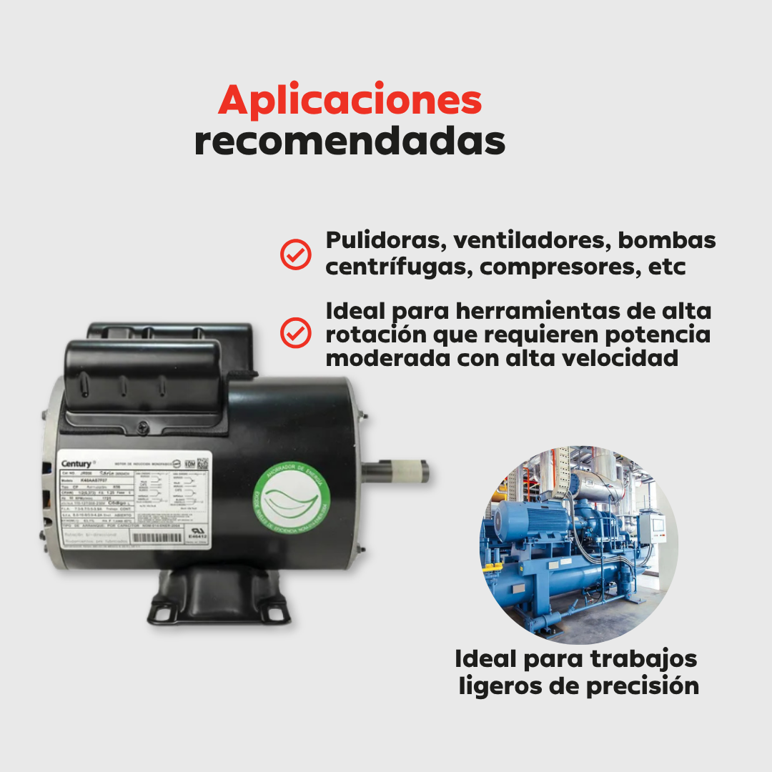 Motor Eléctrico Monofásico CENTURY 0.5 HP 3600 RPM Carcasa Semiabierta (ODP)