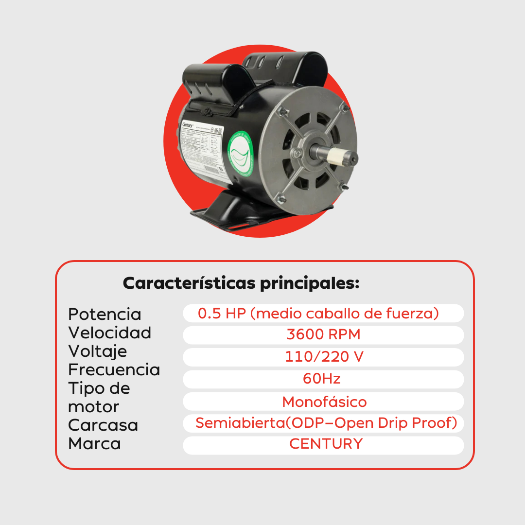 Motor Eléctrico Monofásico CENTURY 0.5 HP 3600 RPM Carcasa Semiabierta (ODP)