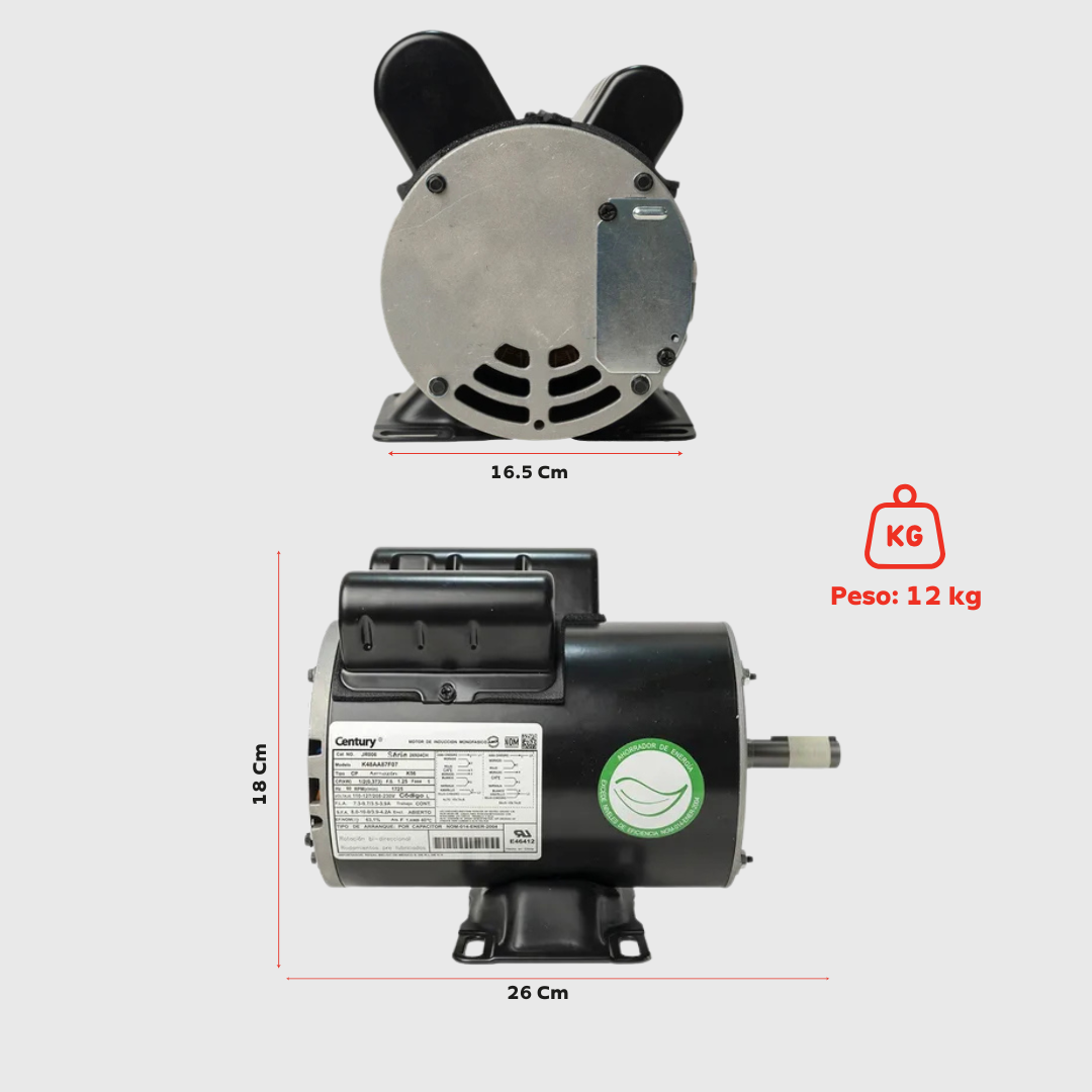 Motor Eléctrico Monofásico CENTURY 0.75 HP 3600 RPM Carcasa Semiabierta (ODP)