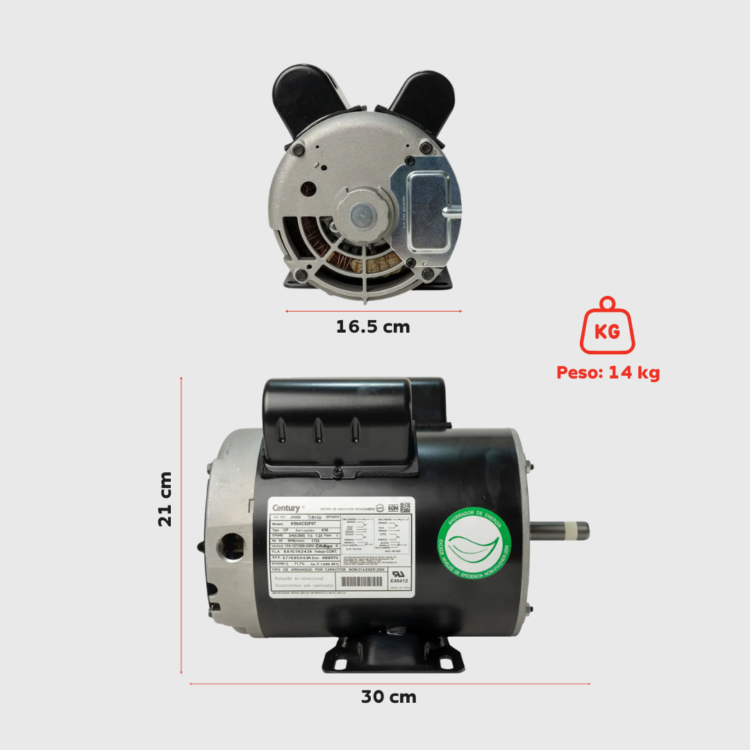 Motor Eléctrico Monofásico CENTURY 0.75 HP 1800 RPM Carcasa Semiabierta (ODP)