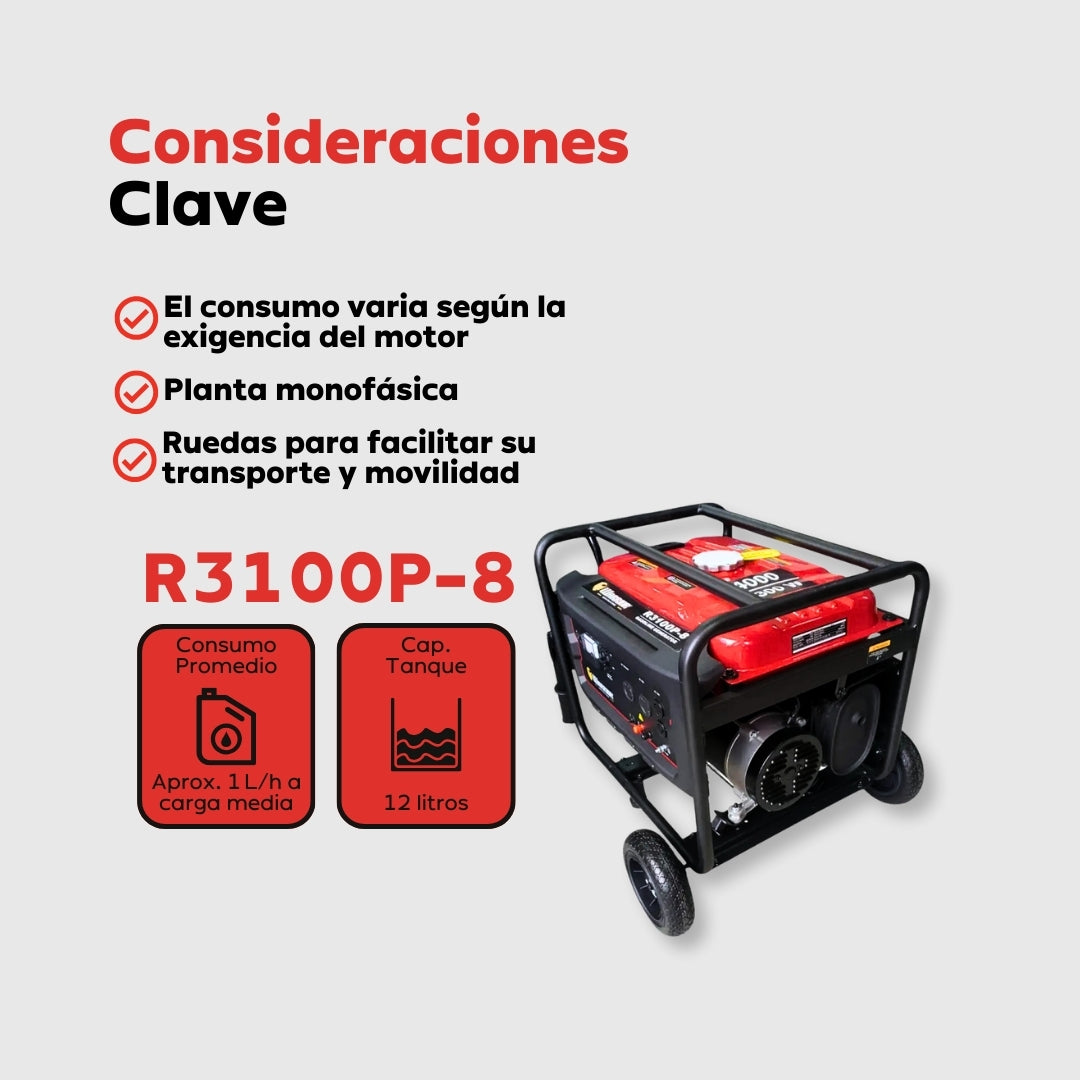 Planta Eléctrica Gasolina Warrior R3100P-8 – 3,1 kW (3.100W) / 110-240 V Monofásica