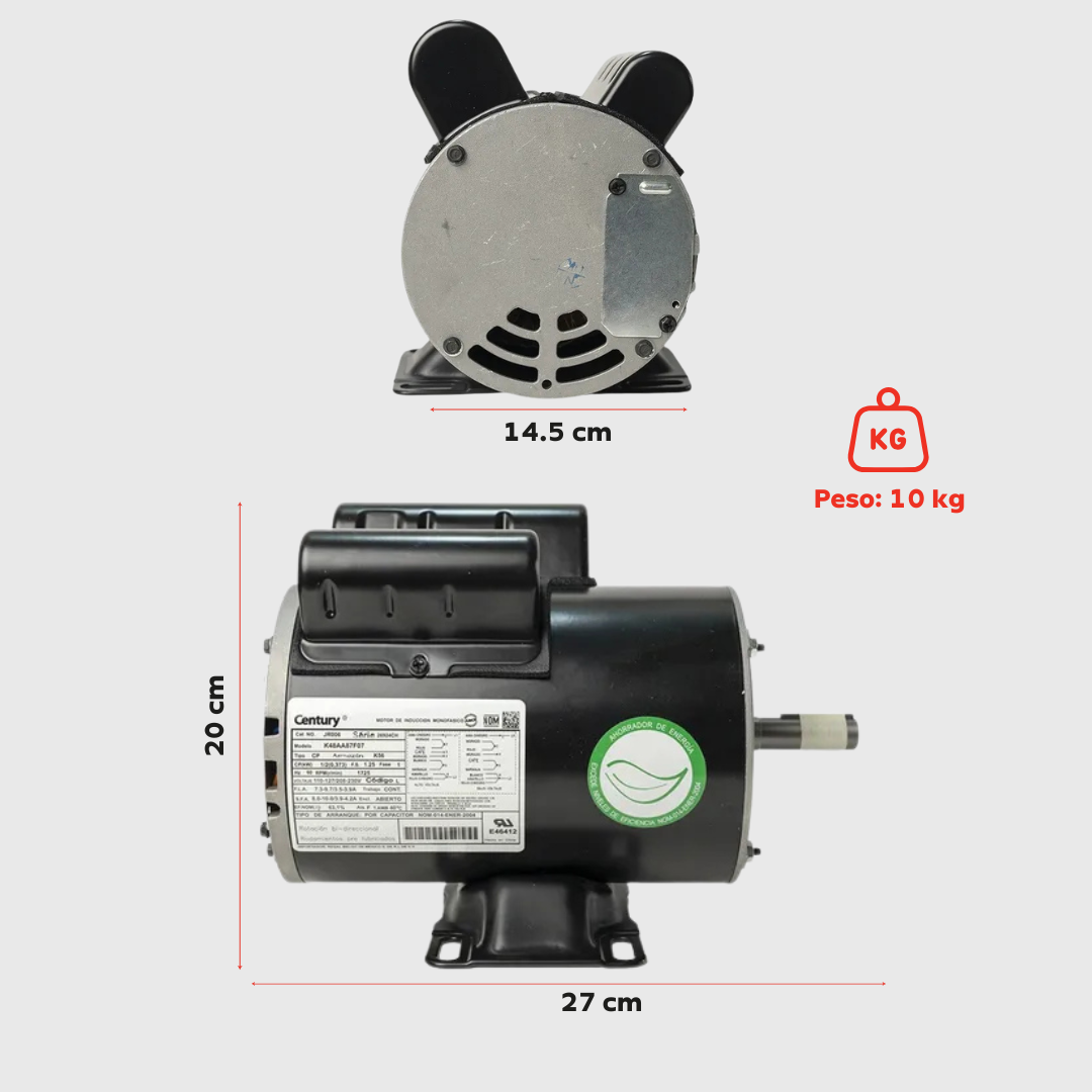 Motor Eléctrico Monofásico CENTURY 0.5 HP 1800 RPM Carcasa Semiabierta (ODP)