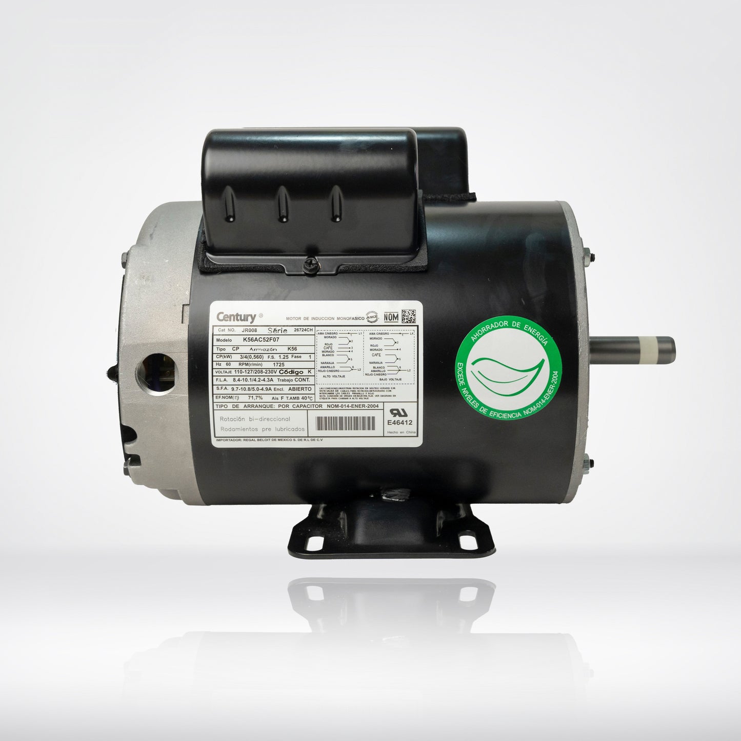 Motor Eléctrico Monofásico CENTURY 0.75 HP 1800 RPM Carcasa Semiabierta (ODP)