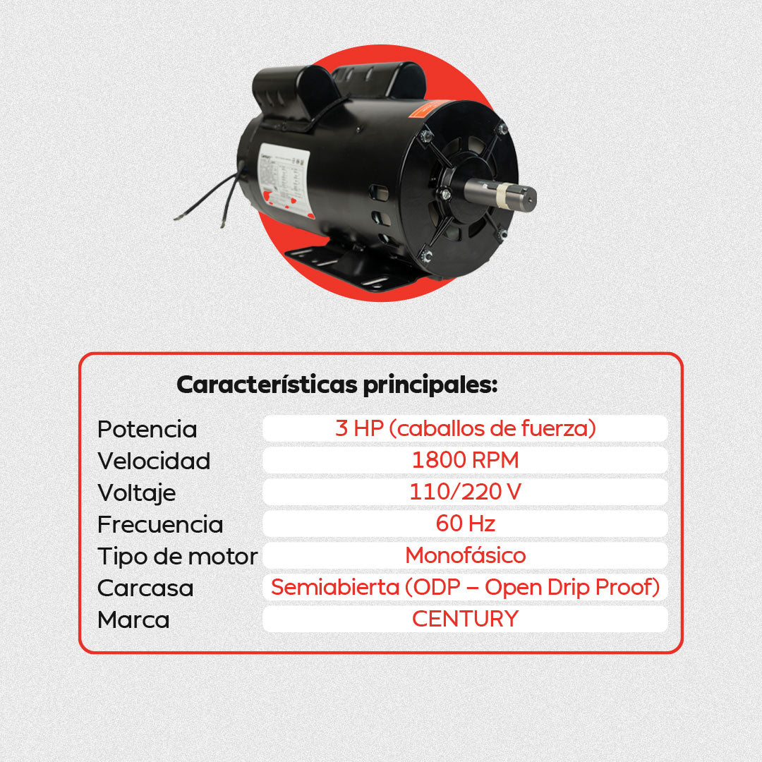 Motor Eléctrico Monofásico CENTURY 3 HP 1800 RPM Carcasa Semiabierta (ODP)