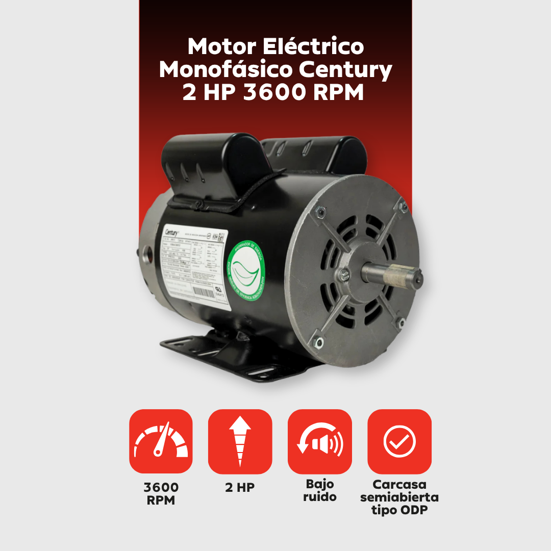 Motor Eléctrico Monofásico CENTURY 2 HP 3600 RPM Carcasa Semiabierta (ODP)
