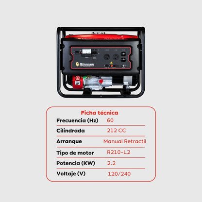 Planta Eléctrica Gasolina Warrior R2500P-8 – 2,2 kW Nominal / 2,5 kW Pico | 120/240 V