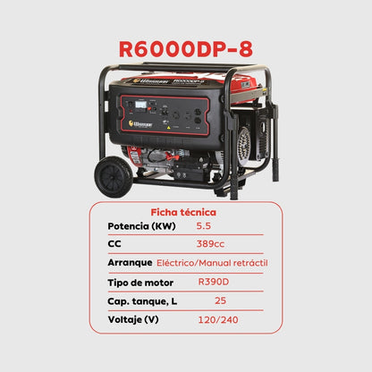 Planta Eléctrica Gasolina Warrior R6000DP-8 – 6 kW Máxima / 5,5 kW Nominal | 120-240 V Monofásica