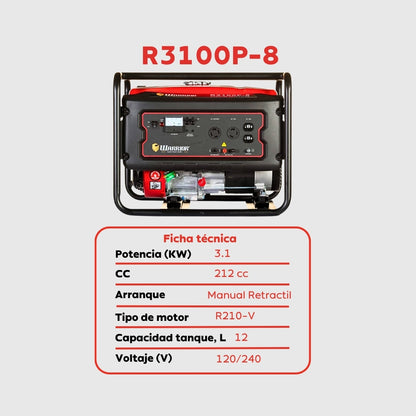 Planta Eléctrica Gasolina Warrior R3100P-8 – 3,1 kW (3.100W) / 110-240 V Monofásica