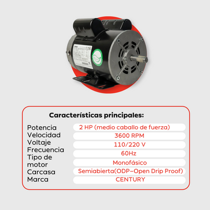 Motor Eléctrico Monofásico CENTURY 2 HP 3600 RPM Carcasa Semiabierta (ODP)