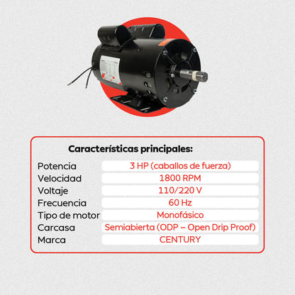 Motor Eléctrico Monofásico CENTURY 3 HP 1800 RPM Carcasa Semiabierta (ODP)